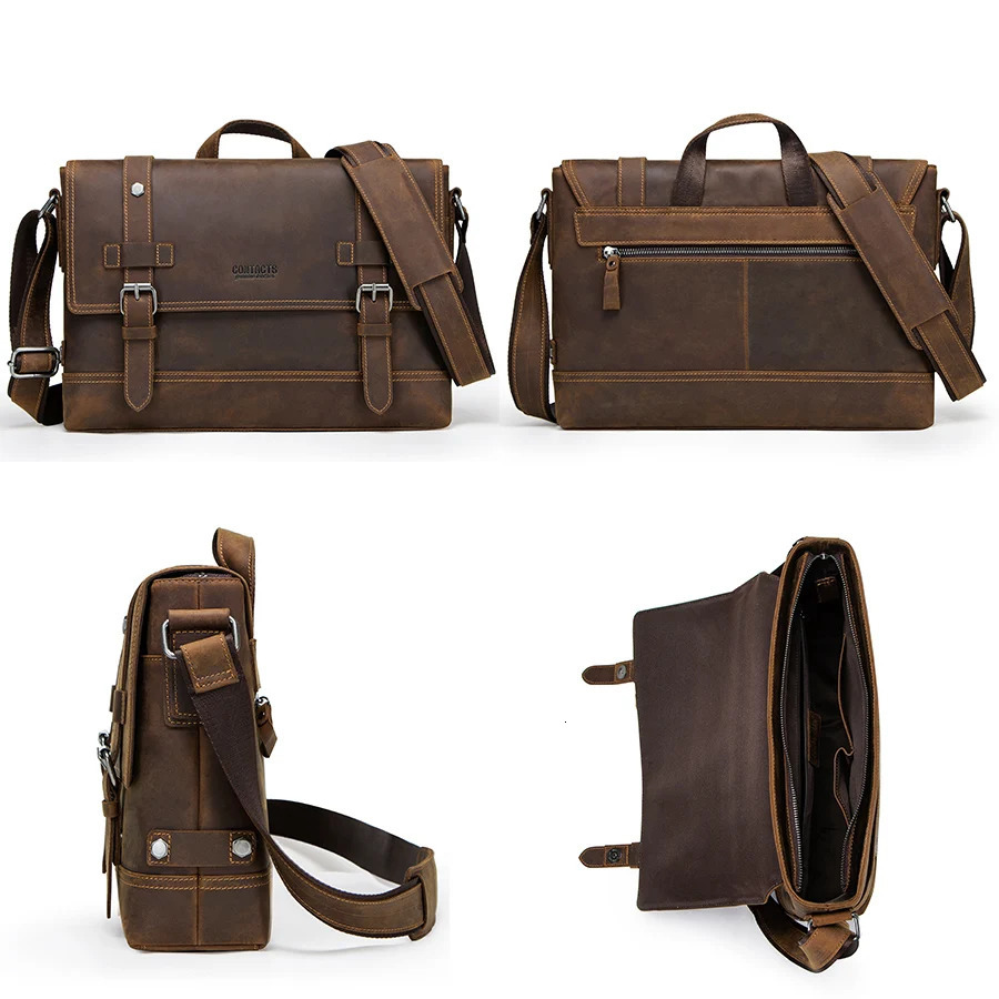 CONTACTS crazy horse genuine leather mens bag vintage man shoulder bags for laptop messenger bags male bolsa crossbody handbag 250603