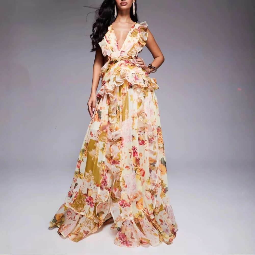Runway Style Maxi Dresses For Women V Neck Sleeveless High Waist Patchwork Ruffles Edge French Sexy Printed Dress Female New