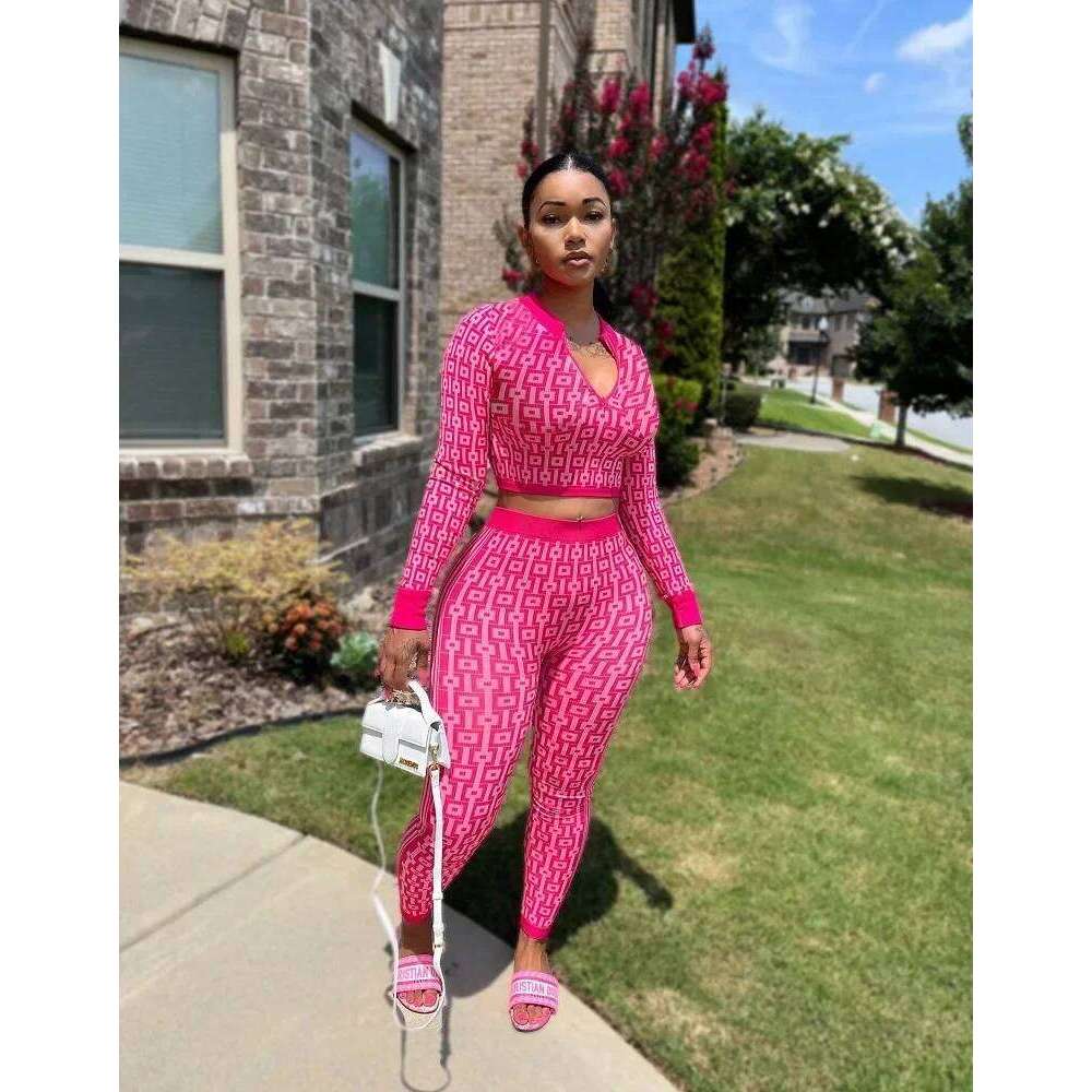 Gotoola Stretch Knitted Printing Suit Sleeve Zipper Short Top Elastic Long Pants Two-Piece Set Three Colors Available