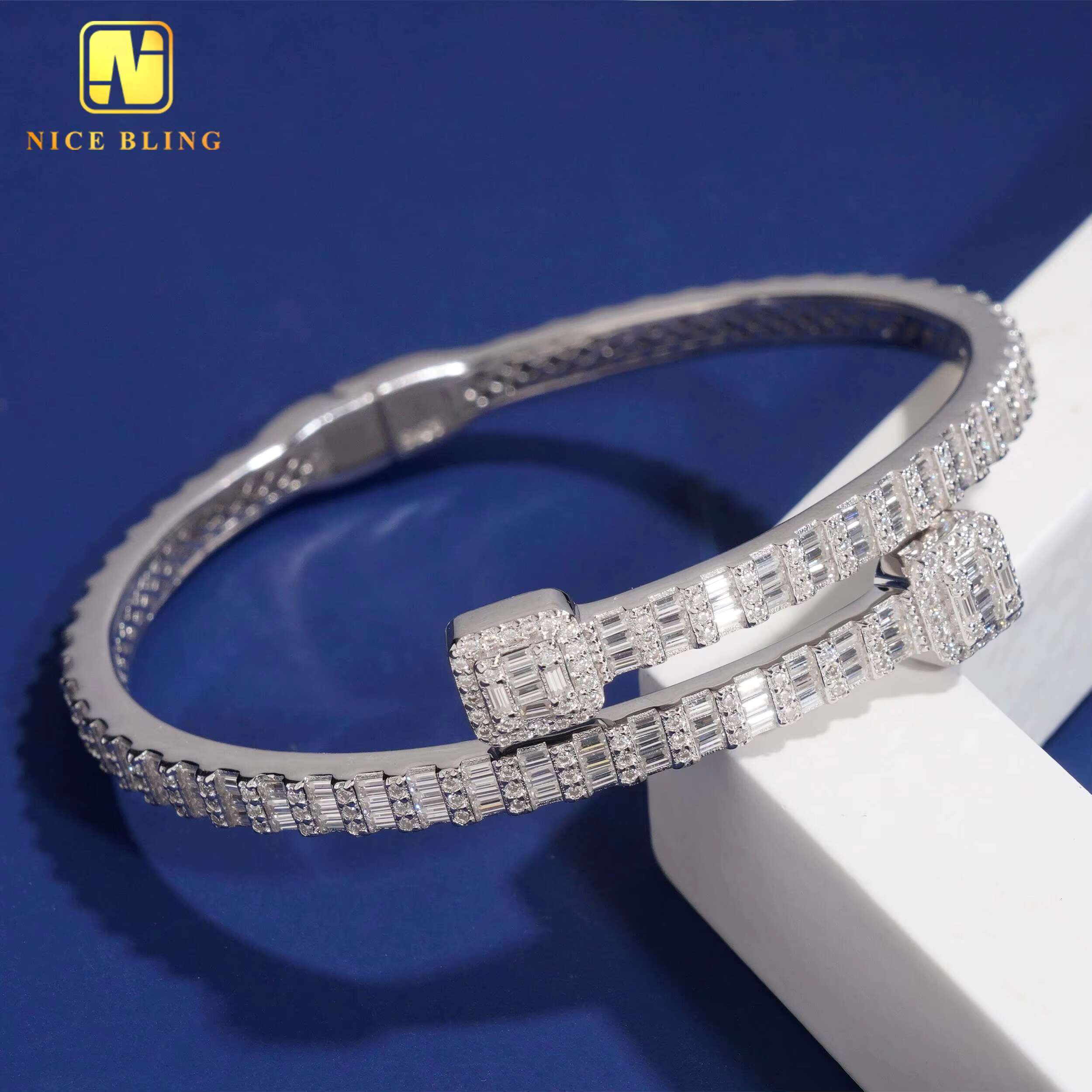 3MM VVS Baguette Moissanite Bangles 925 Silver Trendy Jewelry Adjustable Moissanite Diamond Bangles for Men Women