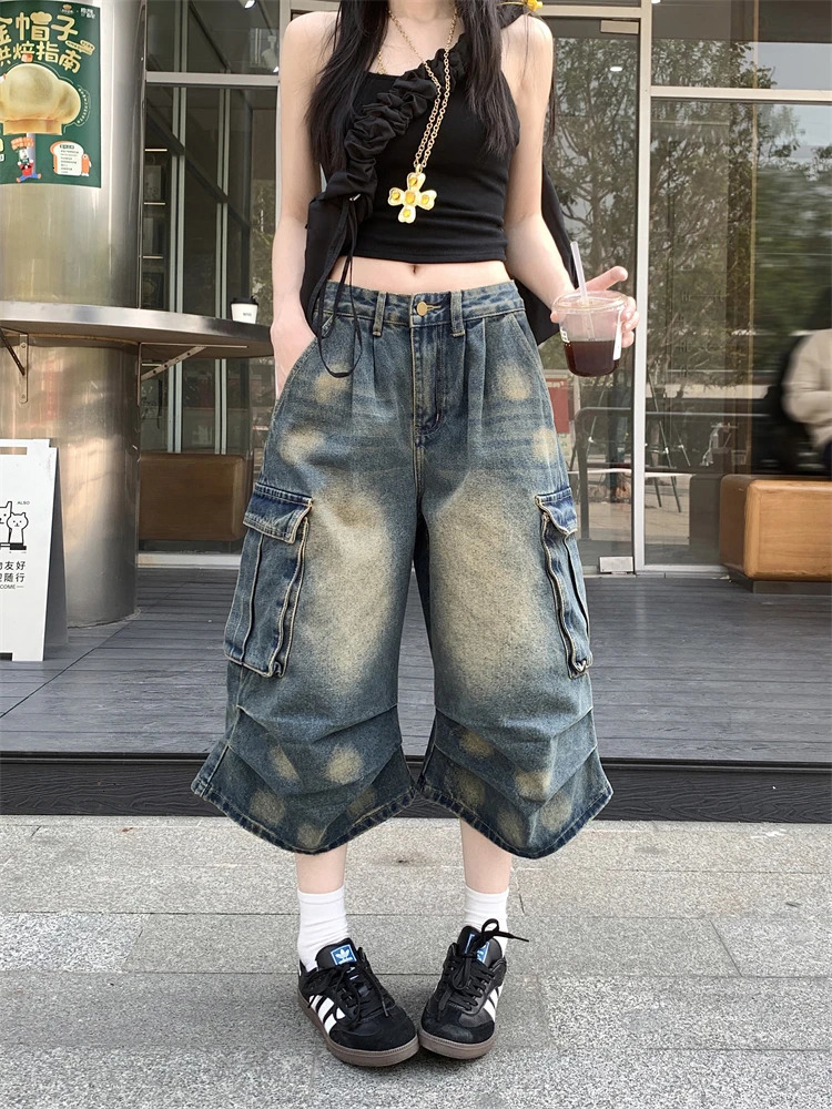 Summer Women Goblin Core Harajuku Jorts Y2k Streetwear Korean CalfLength Jean Shorts 2000s Denim Cargo Pants Abi Grunge 250604