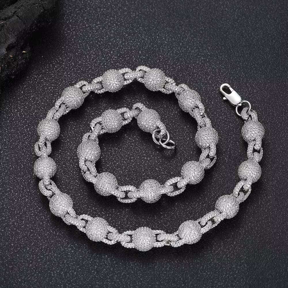 Hip Hop Jewelry 10.5mm Iced Out Diamond Bead Necklace Full Pave MoissaniteStone Silver Plated Ball Chain Necklace for Women
