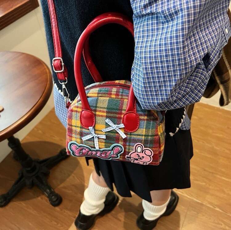 Korean Style INS Exquisite Plaid Cute Kitty Bow Star Fashion Handbag Crossbody Bag for Women Y2K Backpack