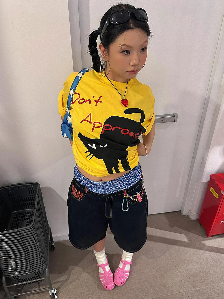 REDDACHiC Harajuku Women Plaid Spliced Denim Shorts Vintage Wash Oversize Trousers Low Waist Baggy Jeans Jorts Y2k Streetwear 250604