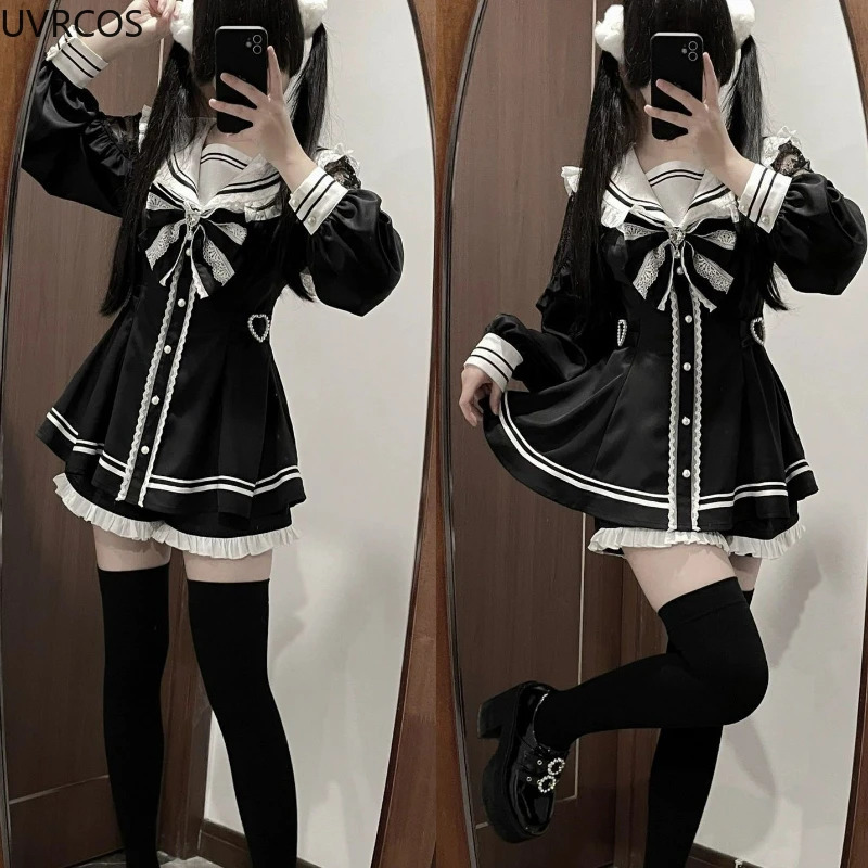 Japanese Style Gothic Y2k Lolita Bow Dress Shorts Set Women Vintage Sweet Long Sleeve Button Shirt Party Dresses Slim Mini 250526