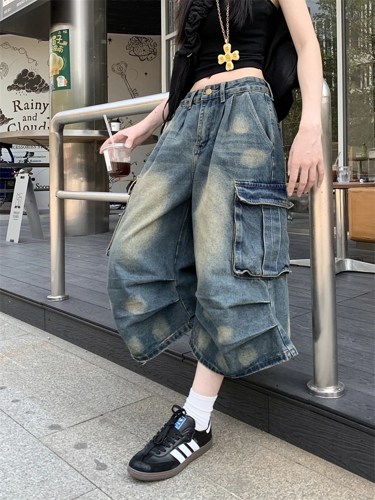 Summer Women Goblin Core Harajuku Jorts Y2k Streetwear Korean CalfLength Jean Shorts 2000s Denim Cargo Pants Abi Grunge 250604