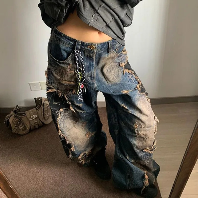 American Niche Heavy Industry Old Destructive Style Wash Jeans for Women Harajuku Fashion Retro Street Loose Casual Girl Jeans 250604