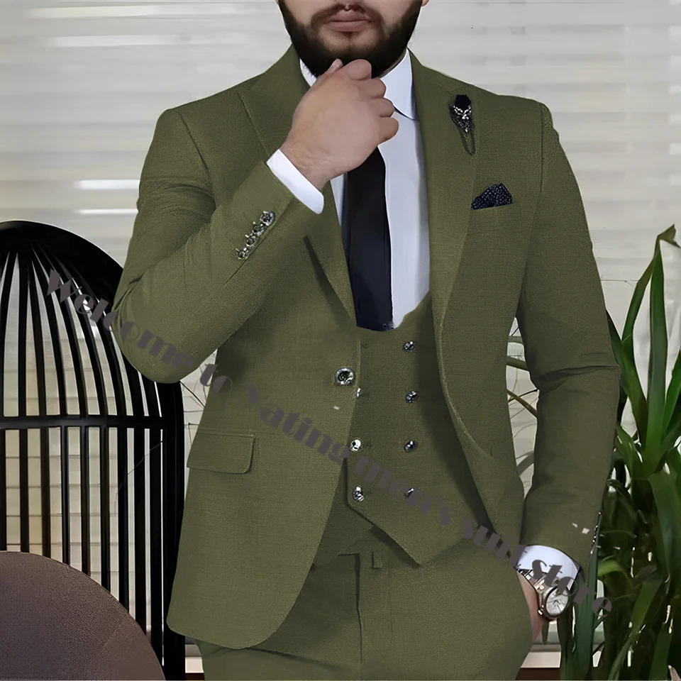 3 Piece Business Mens Suit Jacket Pants Vest Silver Button Formal Male Suit Multiple Colors Wedding Groom Tuxedo 250530