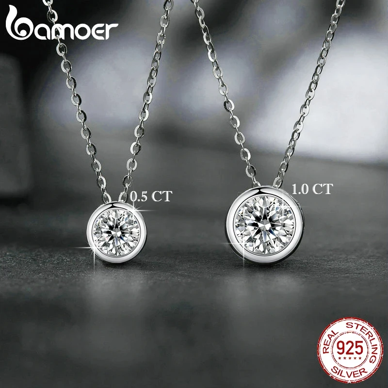 BAMOER 1CT Bezel Moissanite Necklace D color VVS1 Lab Diamond Necklace for Women 925 Sterling Silver Wedding Jewelry Minimalist Women Romantic Gift MS