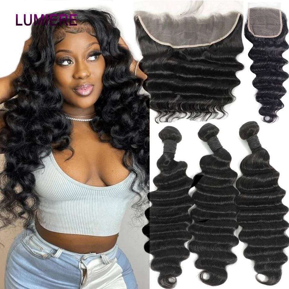 Loose Deep Wave Bundles With HD 4X4 13X4 Lace Frontal Closure And 3/4 Bundle Deal 100% Yaki Human Hair Extension