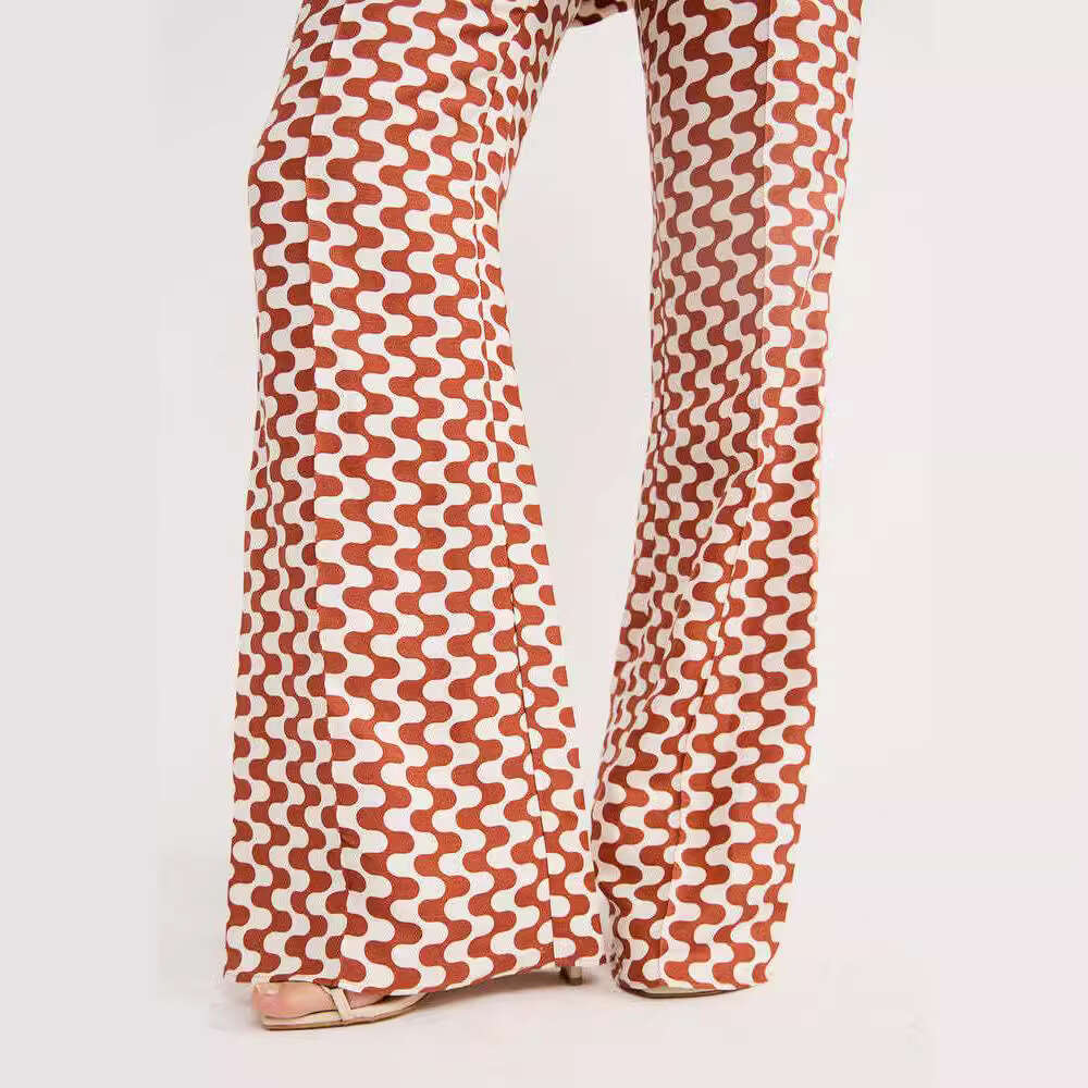 Women's New Fashion Casual Geometric Print Pocket Top Cardigan Flared Pants Set B5