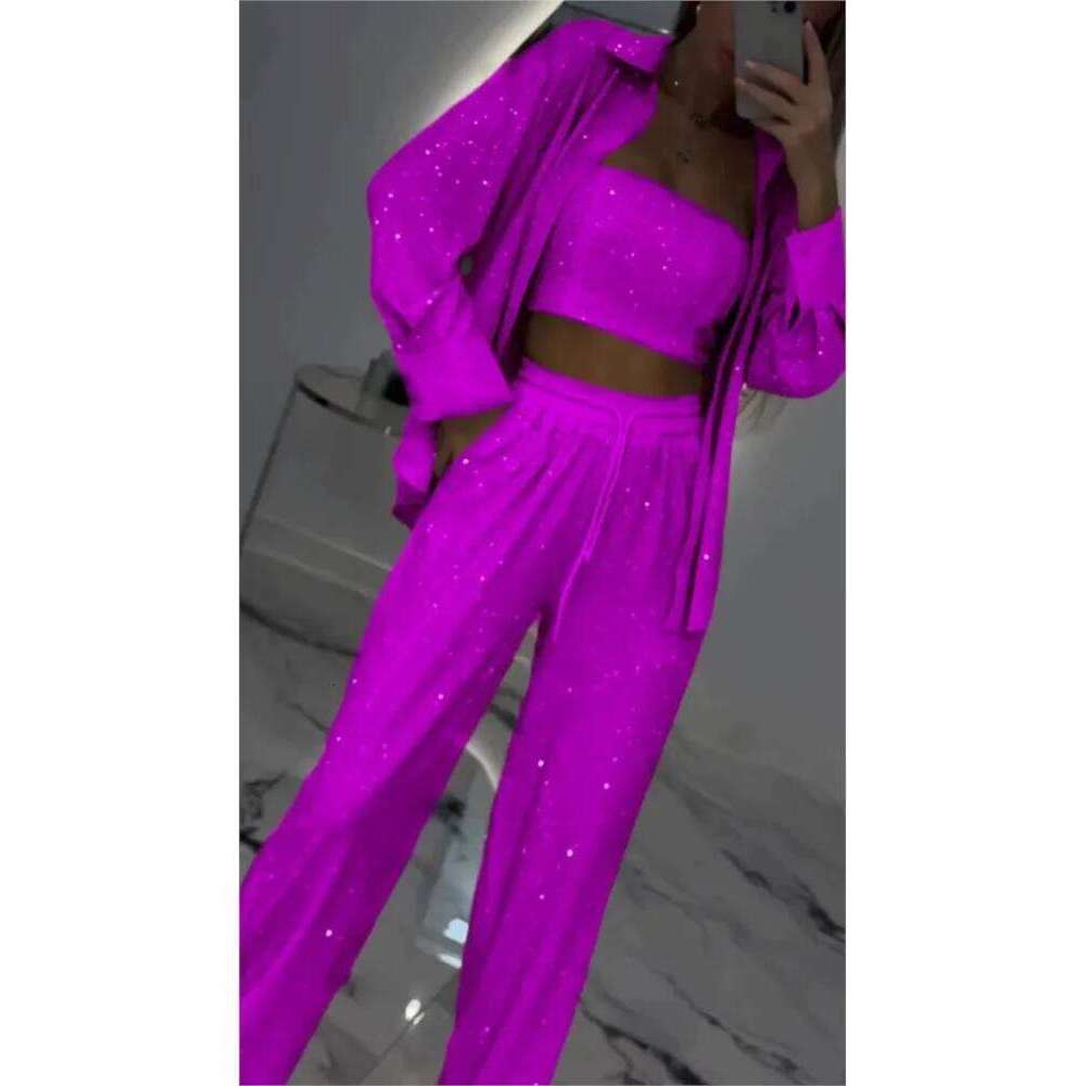 2025 Spring New Fashion Sequin Women 3 Piece Sets Elegant Club Party Multi-color Outfit Casual Lapel Shirt Wide Leg Pant Set