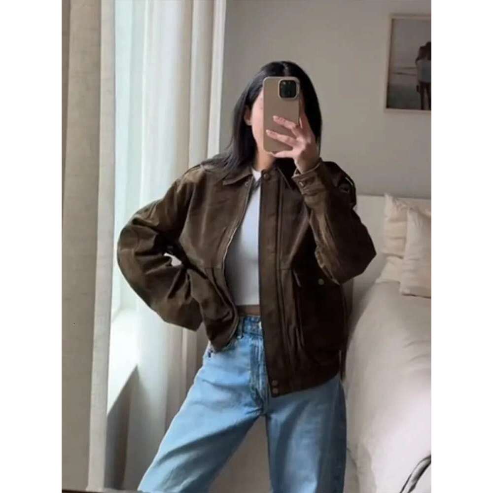 Coats Designer Women Brown Suede Jacket For Women Fashion Lapel Zipper Long Sleeve Pockets Motorcycle Bomber Coat 2025 New Spring Lady Loose Outwears 
