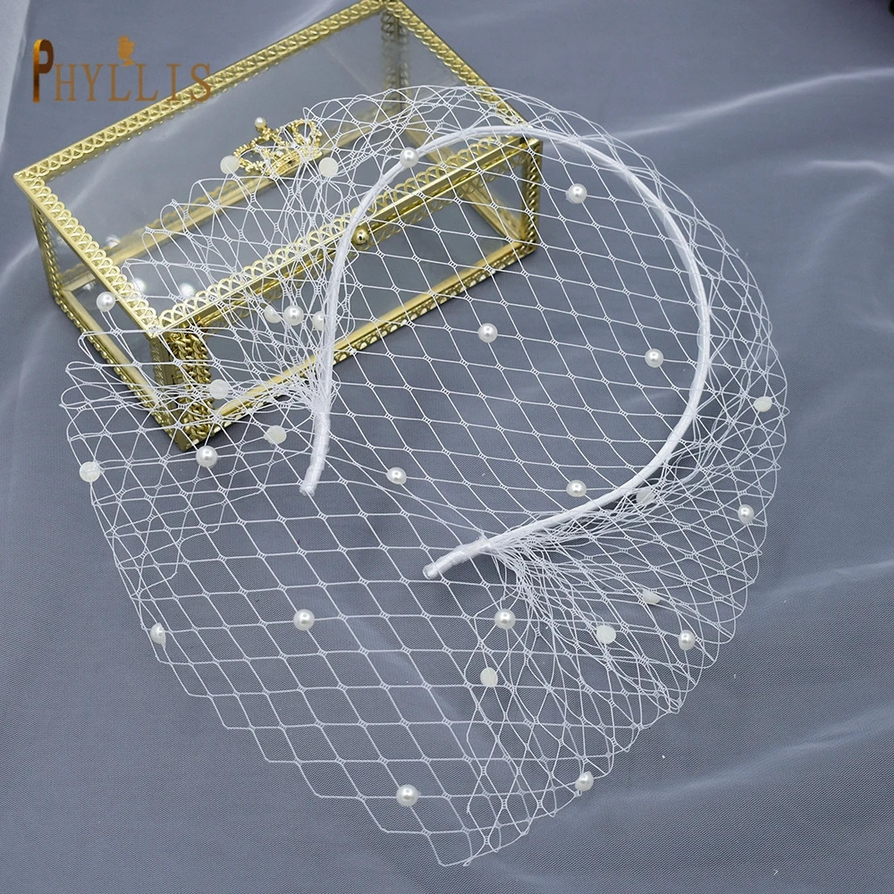 JM20 White Pearl Wedding Birdcage veil with Headband Face Net Mask Veils Charming Fascinator Blusher Veil Tulle Cage Veils 250530