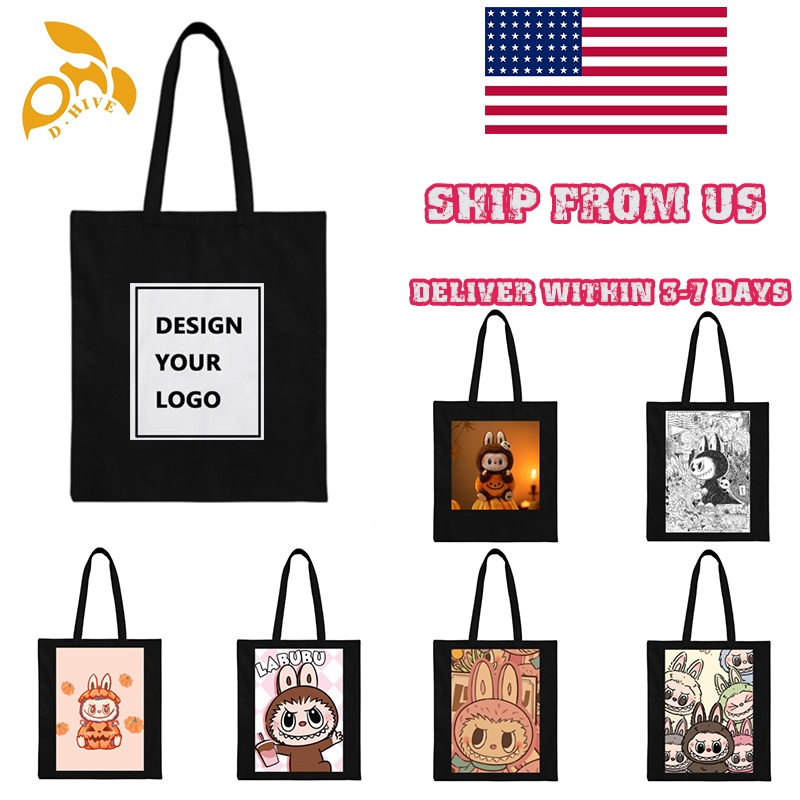 Free shipping fashion designers customize lightweight high-quality black full-print canvas tote DIY bags