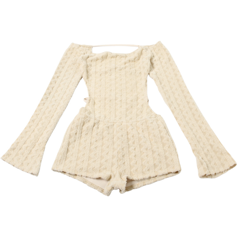 Backless Romper Women Knit Thin Fall Slash Neck Full Sleeve Hipster Playsuit Street Workout Activity Shorts Overalls