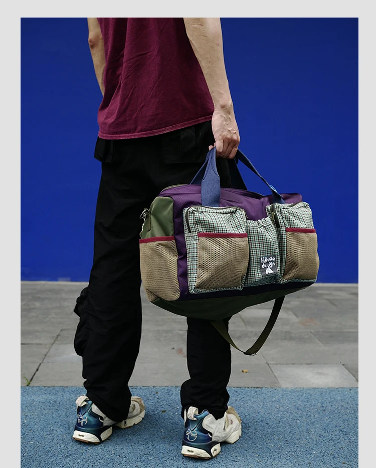 Fashion Korean Style Plaid Purple Womens Nylon Travel Bag Large Capacity Lightweight Waterproof Handheld Fitness Shoulder Bag 250530