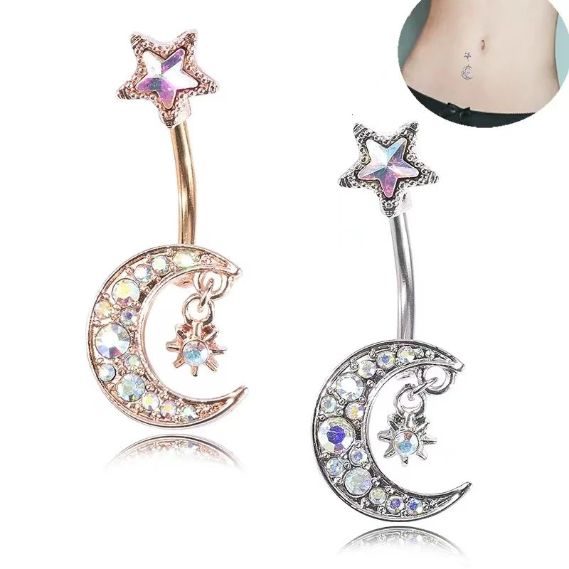 1pc Steel Dangle Belly Button Ring Moon Star Chain Navel Ring Piercing for Women Zircon Body Piercing Jewelry 250530