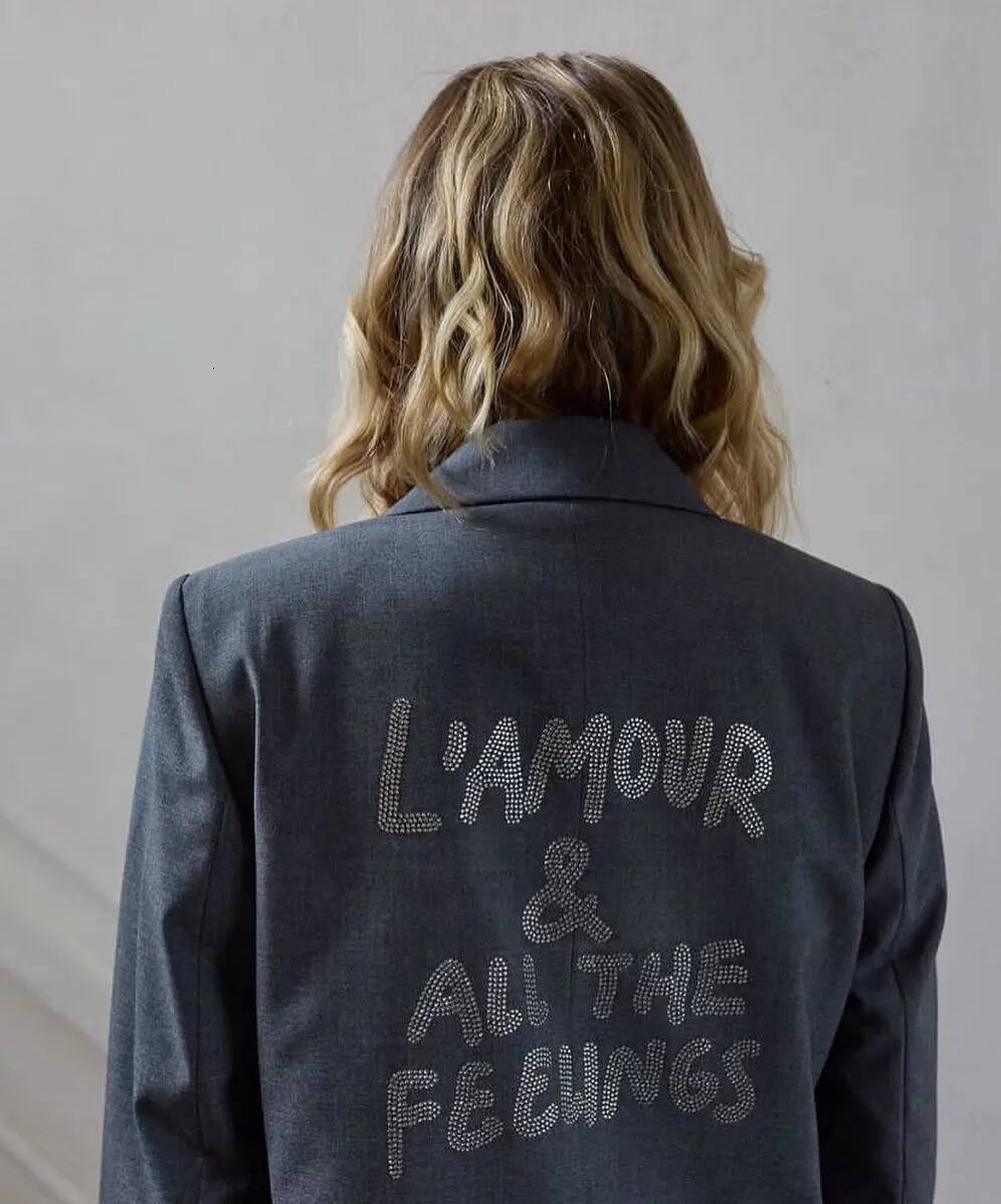 Embellished Rhinestone Blazer Grey Button Fastening Pockets Long Sleeve Autumn Winter Jacket Women