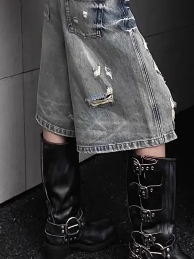 DFCF Spring Summer 5 Points Jeans Streetwear tie Washed Short for Women Y2k Fashion High Waist Wide Leg Jeans 250604