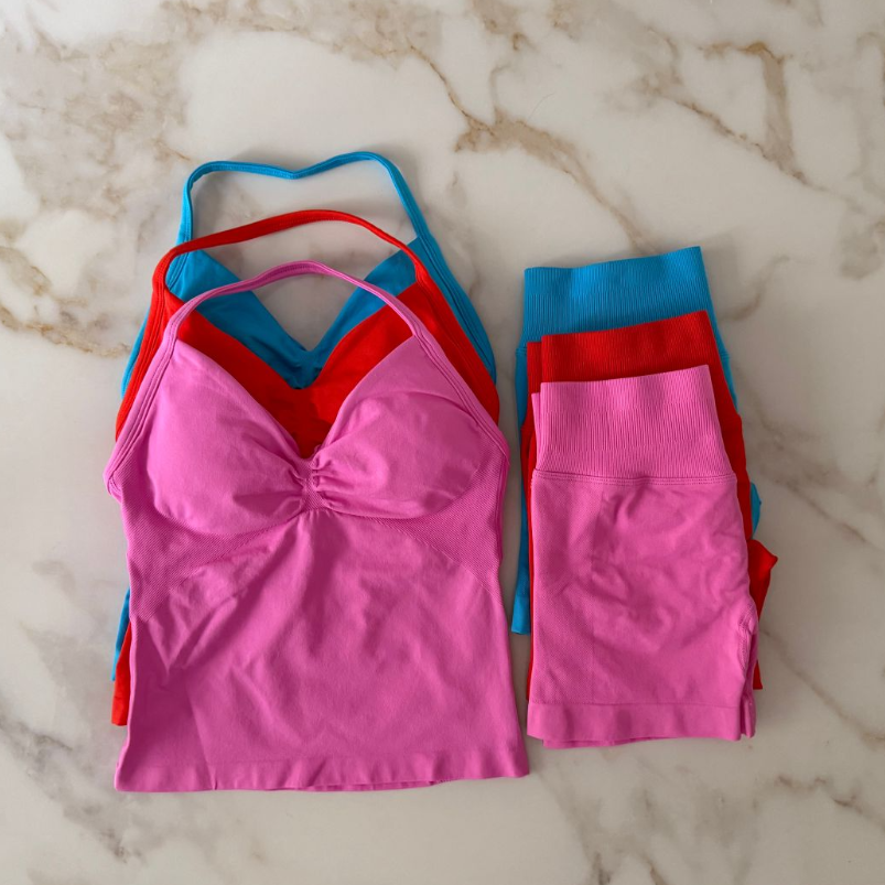 Hot Yoga Shorts Set Women Seamless Yoga Set Fitness Clothing Scrunch Bum Gym Shorts Suits Padded Tank Top Workout Vest Longline Outfits Sportswear Tracksuit