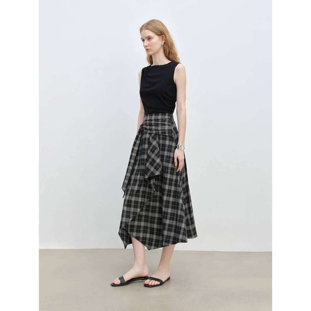 ZIQIAO 2025 Summer Petite Artistic Check Skirt - High-Waisted Asymmetric Hem & A-Line Silhouette For Retro Chic 25Zq92390