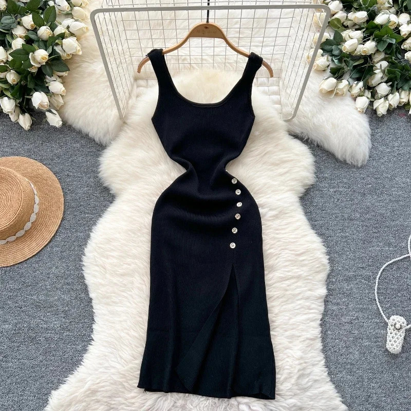 HELIAR Elastic Sexy Package Hips Knitted Long Dress Women Split Party Bodycon Summer Streetwear Outfits Dresses 250604