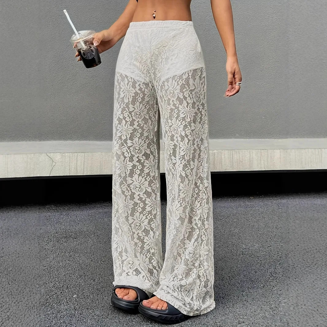 Fashionable and Sexy Versatile Waist Collection Lace Jacquard Micro Transparent Straight Leg Casual Pants Long Pants 250604