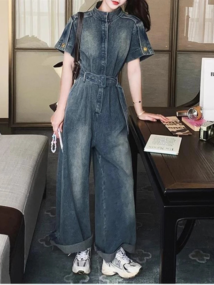 Women Vintage Street Wear Hip Hop Loose WideLeg One Piece Long Sets Jeans Romper in Summer Overalls Short Sleeve Jumpsuit 250604