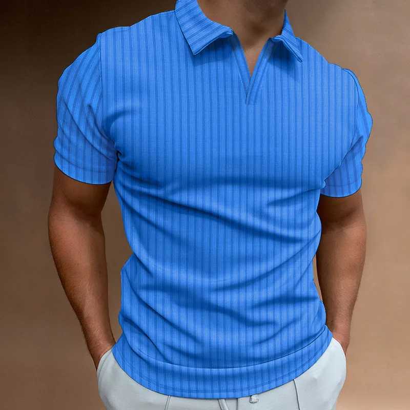 Europe And The United States New Summer POLO Shirt Solid Color Casual Short Sleeve Lapel V Line Striped Short Sleeve Mens T-shirt XJ250605