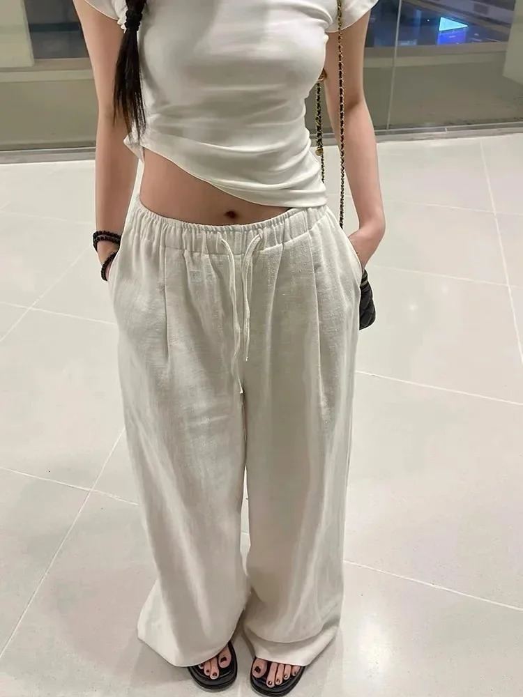 Simple Solid Color Lazy Style Drawstring Loose Wide Leg Pants Retro Fashion High Street Elastic Waist Womens Casual Pants 250604