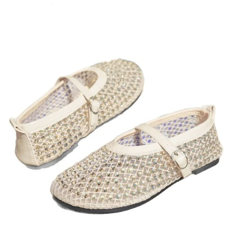 Mesh Breathable Rhinestone Fashion Versatile Womens Foreign Style Niche Belt Flat Soft Soled Mary Jane Shoes Womens Shoes 250603