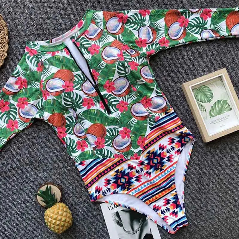 Vigorashely Long Sleeves Rash Guard Women Surf Swimwear Floral One Piece Swimsuit Diving Swimming Shirt Rashguard Wetsuits 250604