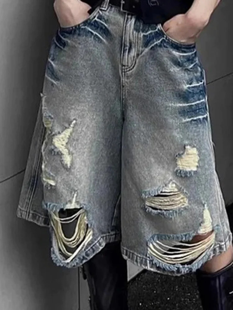 DFCF Spring Summer 5 Points Jeans Streetwear tie Washed Short for Women Y2k Fashion High Waist Wide Leg Jeans 250604