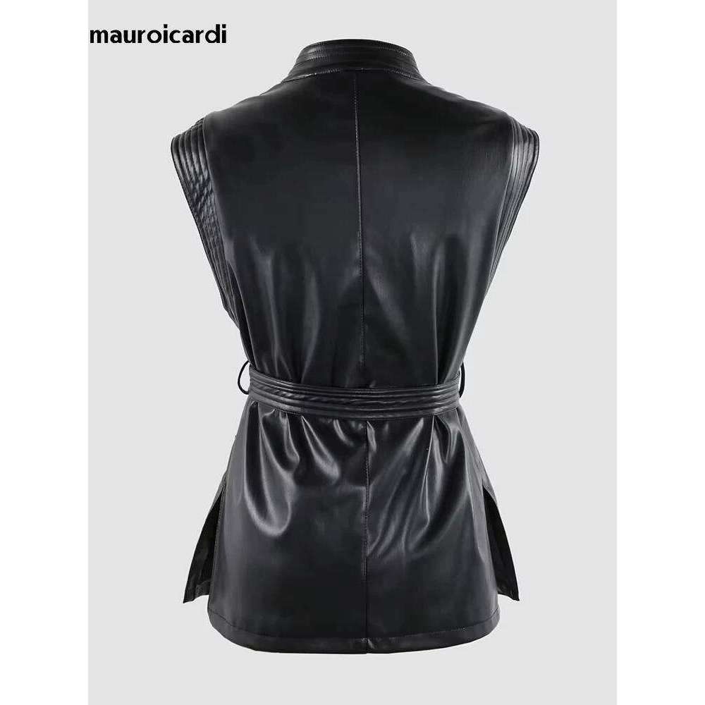 Mauroicardi Spring Short Black Soft Pu Leather Vest Women with Side Slit Sashes Stand Collar Chic Sleeveless Jacket 2025