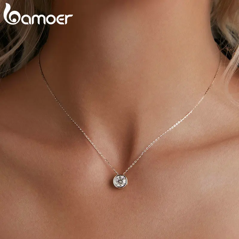 BAMOER 1CT Bezel Moissanite Necklace D color VVS1 Lab Diamond Necklace for Women 925 Sterling Silver Wedding Jewelry Minimalist Women Romantic Gift MS