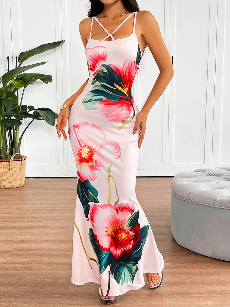 Womens Print Maxi Dresses Summer Sexy Backless Sleeveless Sling Dress Streetwear Fashion Lady Casual Slim Clothing 250604