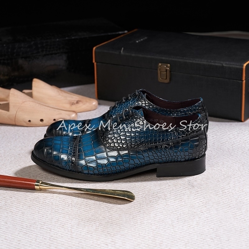 Blue Pattern Dress Shoes Genuine Leather Formal Oxfords Lace Up Business Wedding Party Mens Footwear 250526