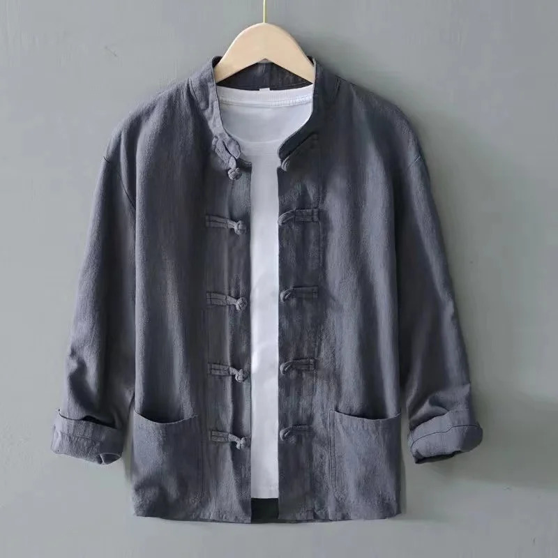 XXXXXL Plus Size Men Cotton Linen Shier Autumn Spring Men Collarless Long Sleeve Frog Button Loose Blouse Tops Oversized M-5XL 250604