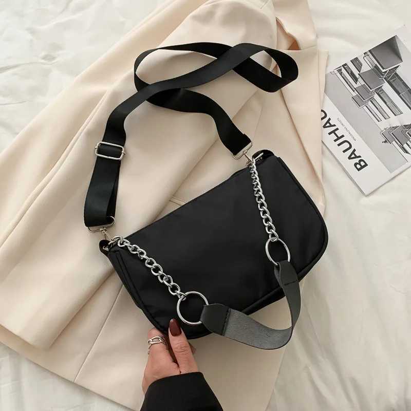 Casual Ladies Crossbody Bags Nylon Chain Bag Women Vintage Black Shoulder Bags Girls Street Armpit Bag Solid Color Handbags XJ250605