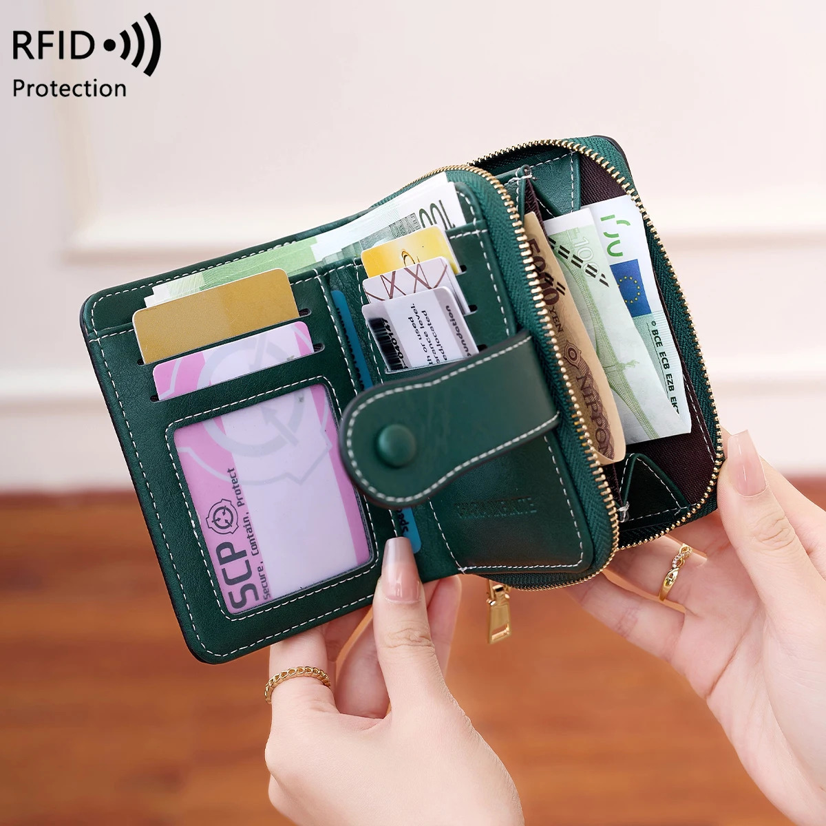 Womens RFID Blocking Wallet MultiCard Holder Zipper Buckle Short Money Clip Retro Coin Functional n 250605