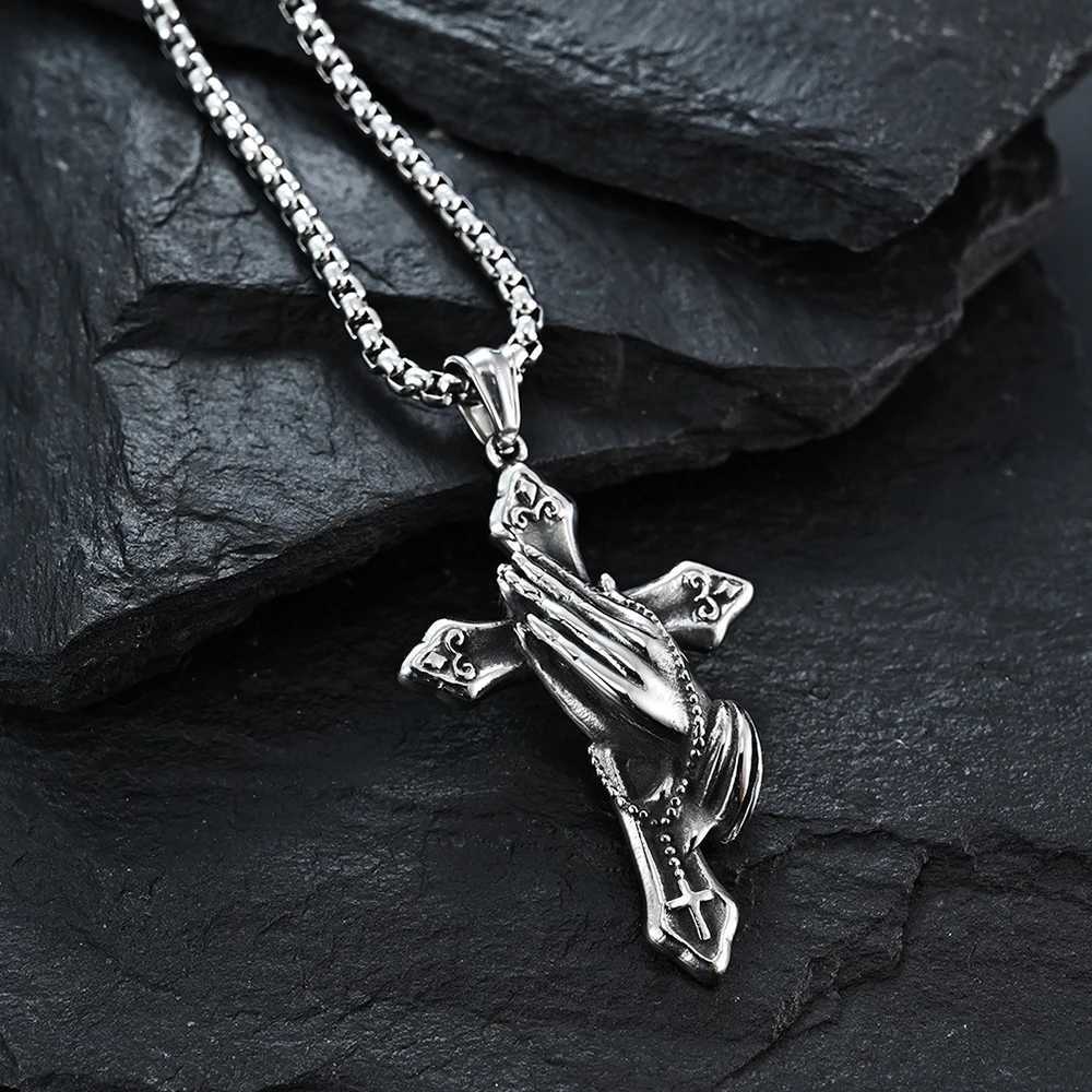 Vintage Praying Hands Cross Pendant Necklace hip-hop Stainless Steel Chain Neck Accessories Hip Hop Rock Jewelry 2025 Gifts XJ250604