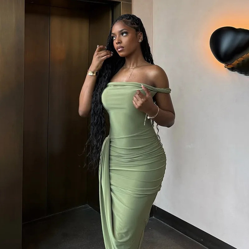 VEITCHE Summer Elegant Women Strapless Shirring Maxi Dress Sexy Wrap Chest Split Irregular Party Bodycon Dresses Holiday 250604