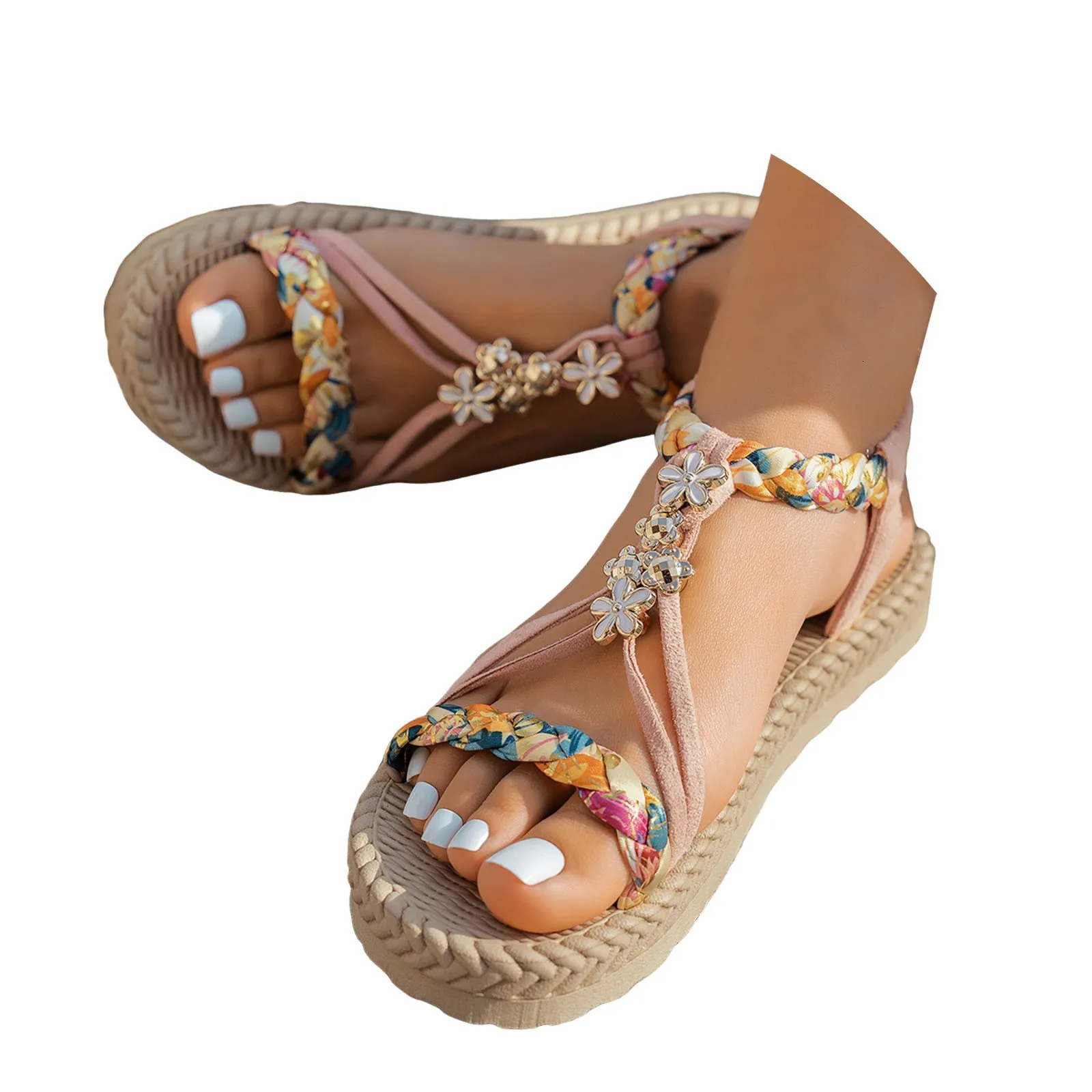 Spring And Summer Womens Thick Soled Hollow Beach Braided Elastic Band Casual Sandals Women Plus Size 250605