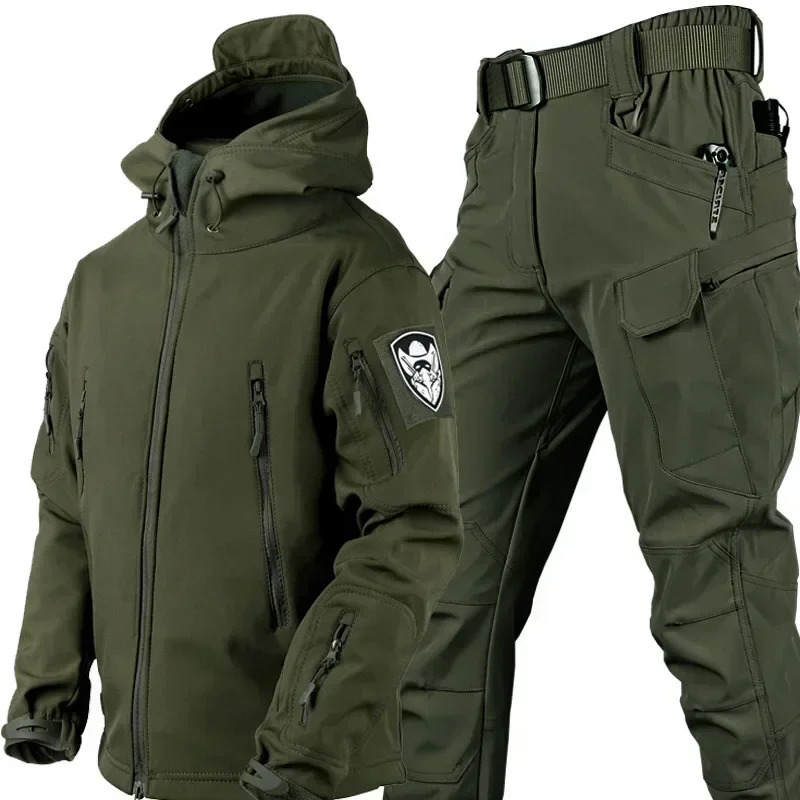 Winter Thicken Men Camo Suit Waterproof Tactical Training Set Multipocket Hooded Jacket Fleece Pants Outdoor Hunting 2piece 250604