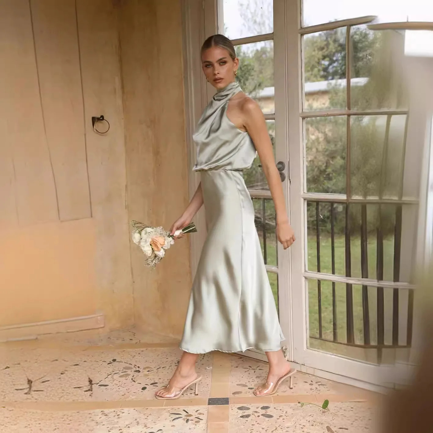 Summer High-End Silk Satin Sleeveless Long Dress Women Fashion Elegant Celebrity Dresses Evening Dress Party Clothes Ladies 250604