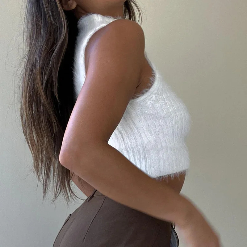 White Crop Top Winter Y2k Women Sweaters Sleeveless Turtleneck Fluffy Off Shoulder 2000s Clothes For Women Knitted Top Outfit 250529