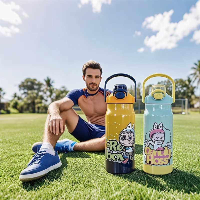 LABUBU Cartoon Sports Water Cup 1000/1200ml Large Capacity Water Cup with Straw Vacuum Insulated Kettle Outdoor Use Perfect Gift X2506051