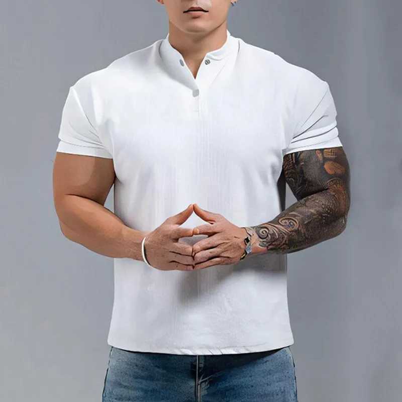 2025 Summer Simple Solid-color Chinese Polo Henry Collar Sporty Casual Breathable And Fitness Short-sleeved T-shirt With Cuffs XJ250605