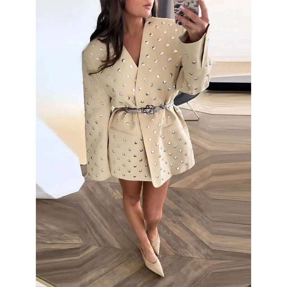 Coats Designer Women Street Rivet Suit Coat Women Fashion V-Neck Full Sleeve Coats Female 2025 Spring Summer Chic Casual Commute Oversize Lady Jacket 